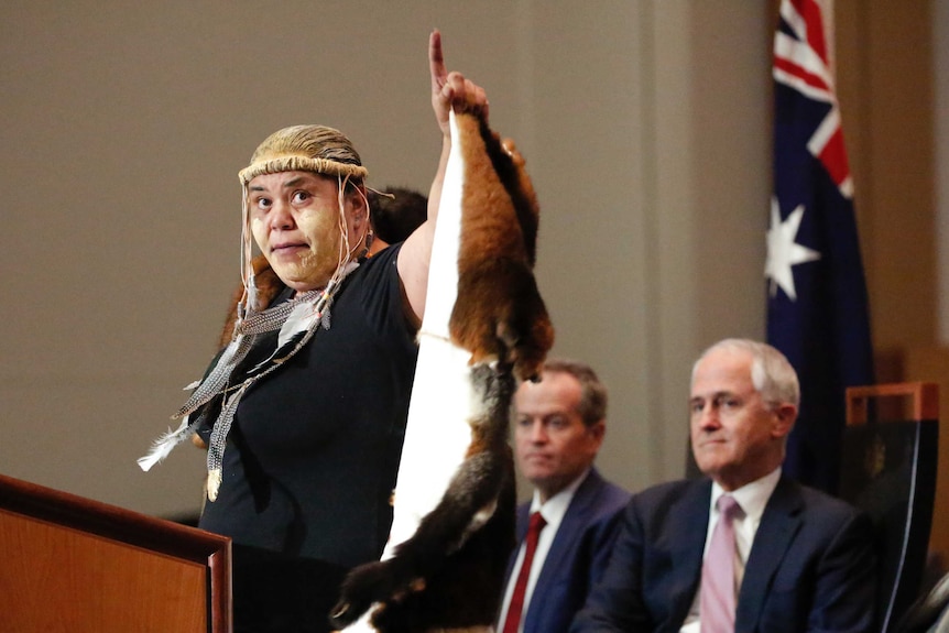 Ngunnawal woman Tina Brown in traditional dress delivering the Welcome to Country.