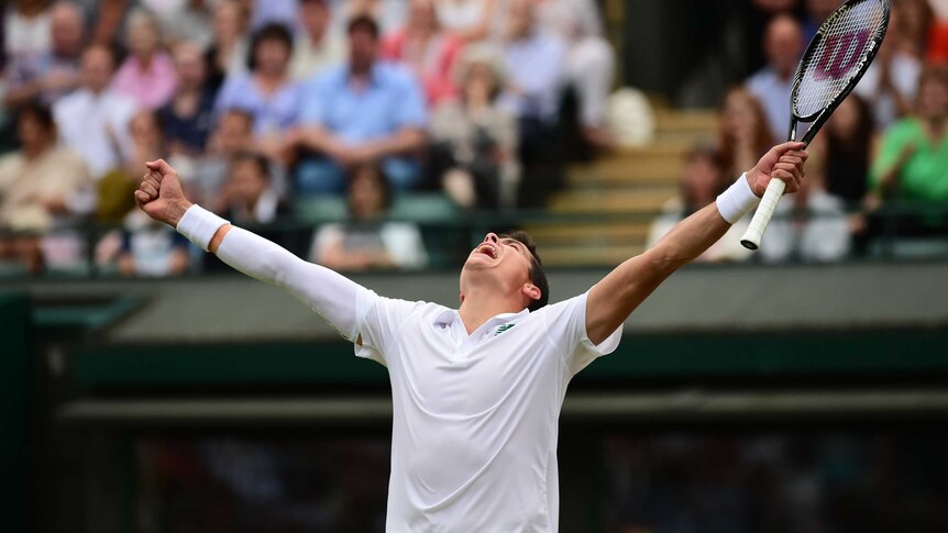 Milos Raonic celebrates win at Wimbledon