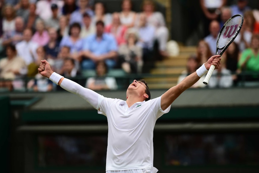 Milos Raonic celebrates win at Wimbledon
