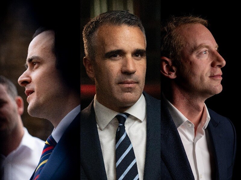 collage of three men in suits with dark back ground. Man in centre facing forward and men either side side view of their faces 