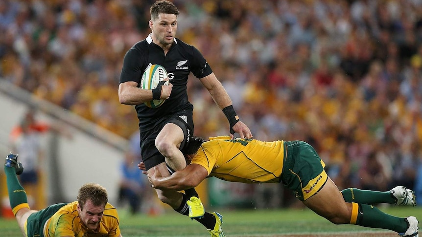 New Zealand's Cory Jane is tackled during a Bledisloe Cup match with Australia in Brisbane in 2012.