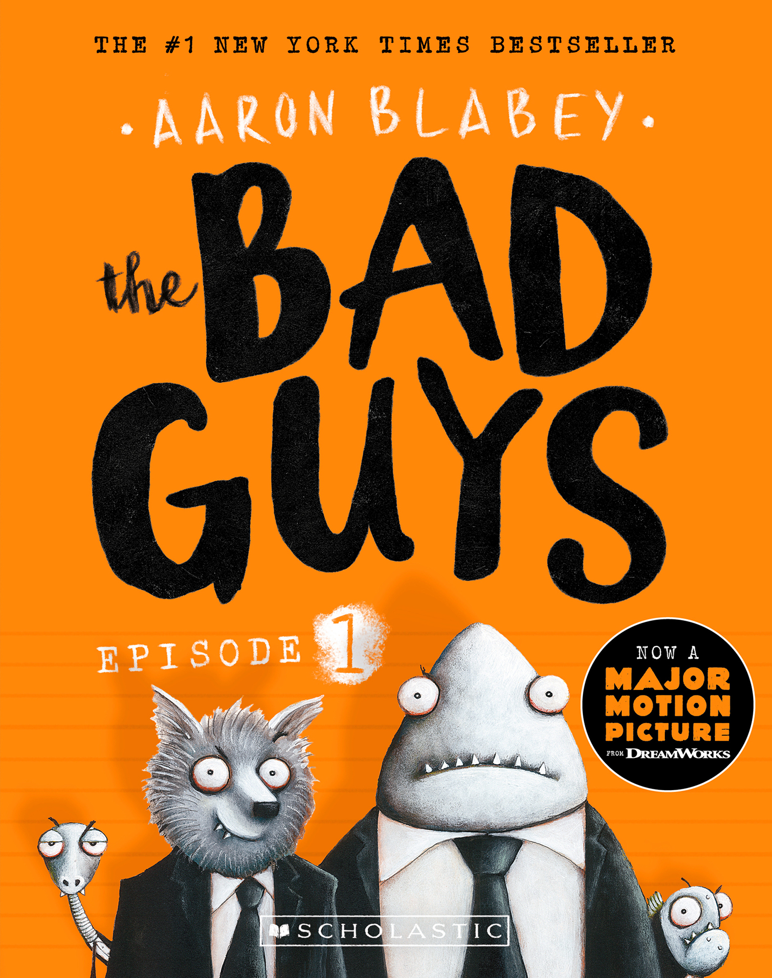 Couverture noire et orange du livre pour enfants The Bad Guys d'Aaron Blabey avec une araignée, un loup, un requin et un piranha de dessin animé