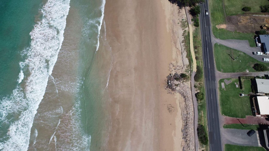 Bird's-eye view of a beach along the Great Ocean Road
