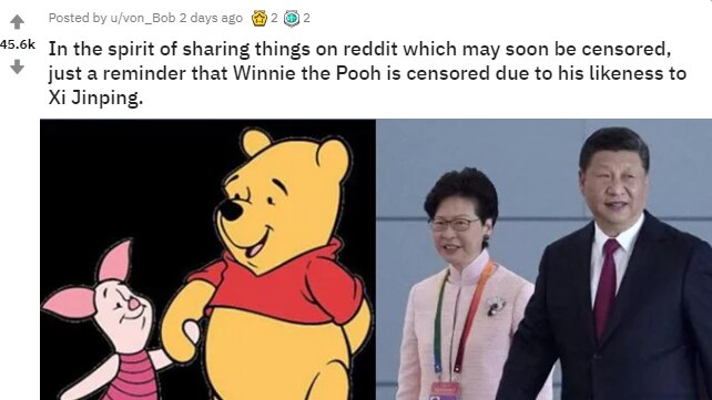 Anti-China image posted on the popular r/pics subreddit comparing Chinese president Xi Jinping to Winnie the Pooh.