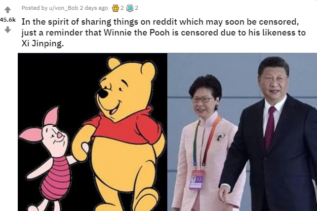 Anti-China image posted on the popular r/pics subreddit comparing Chinese president Xi Jinping to Winnie the Pooh.