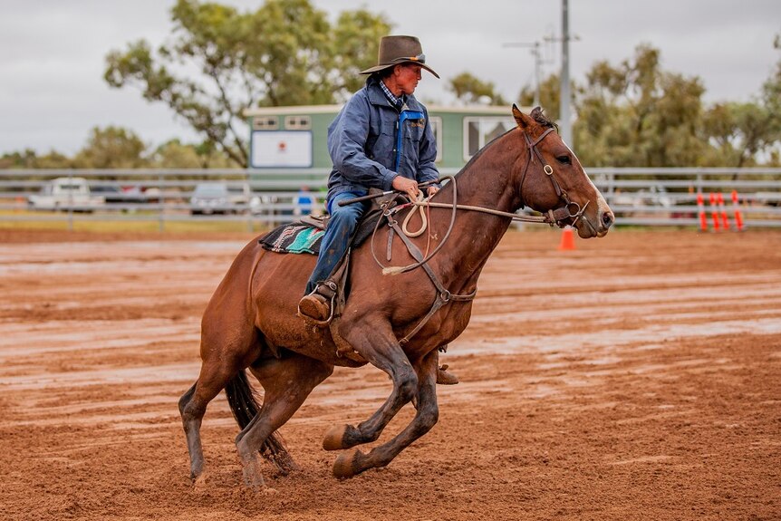 A man in outback riding gear turns a horse in a dusty ring