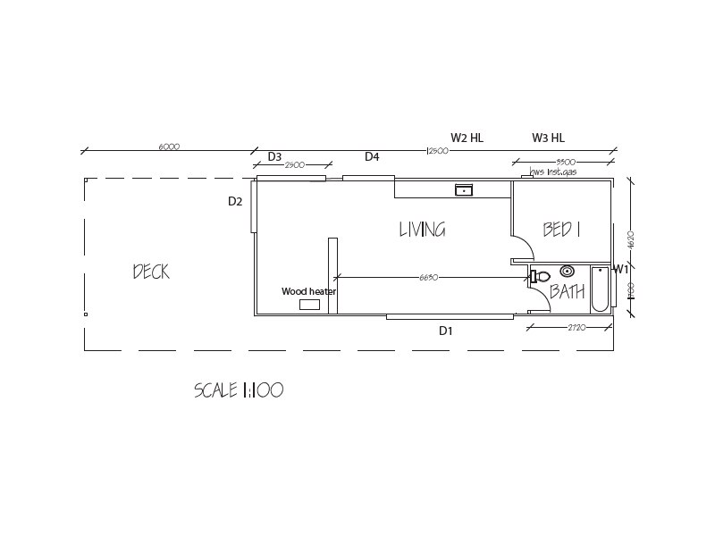 A floorplan showing a one-bedroom dwelling. There is a separate living room, bathroom and a wrap-around deck