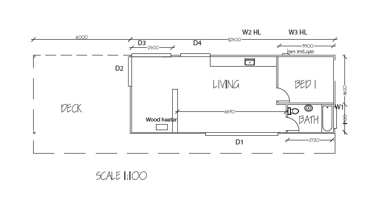 A floorplan showing a one-bedroom dwelling. There is a separate living room, bathroom and a wrap-around deck