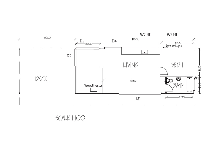 A floorplan showing a one-bedroom dwelling. There is a separate living room, bathroom and a wrap-around deck