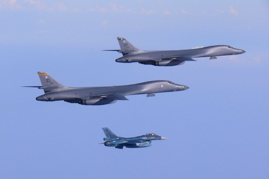Two US Air Force B-1B Lancer bombers fly a 10-hour mission from Andersen Air Force Base.