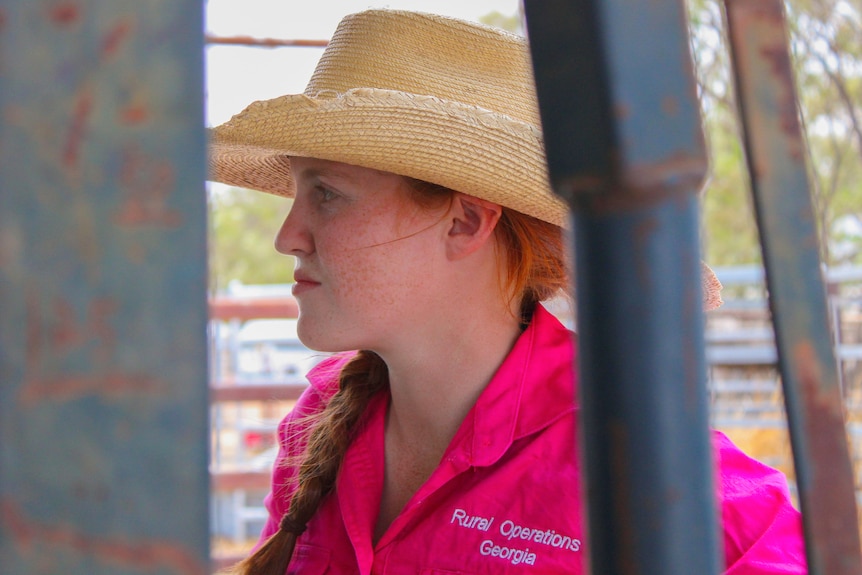 A teenage girl with a pink shirt and wide brim hat stands beside a cattle crush