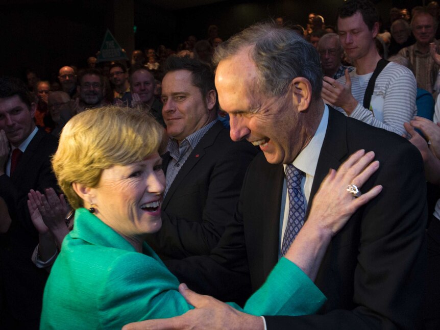 Greens leader Christine Milne greets former leader Bob Brown after the party's federal campaign launch in Canberra.