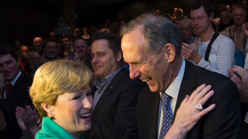 Greens leader Christine Milne greets former leader Bob Brown after the party's federal campaign launch in Canberra.
