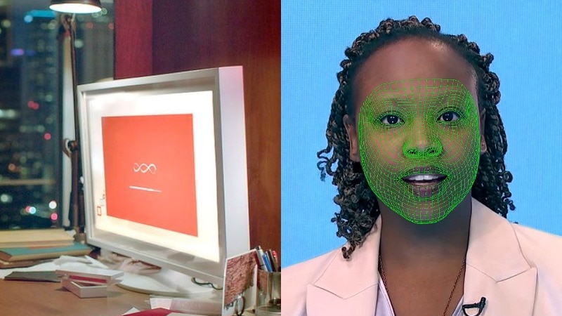 A split image shows a computer with red logo taken from a still from the film Her, and a woman with green mesh over her face