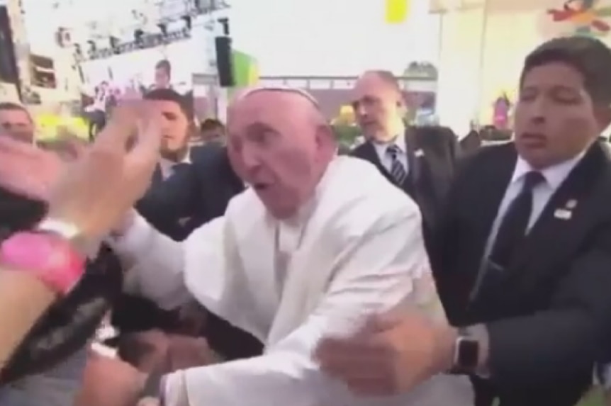 Pope Francis remonstrates with a parishioner in Mexico.