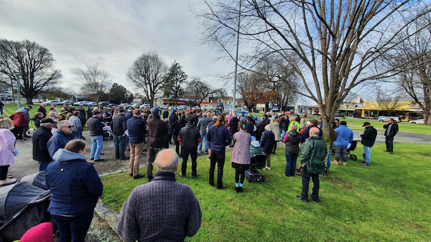 A large group of people stand in a public park.