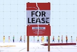 A graphic image of a broken "for lease" sign against a background of grid paper. A line of cartoon people run behind it. 