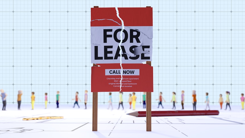 A graphic image of a broken "for lease" sign against a background of grid paper. A line of cartoon people run behind it. 