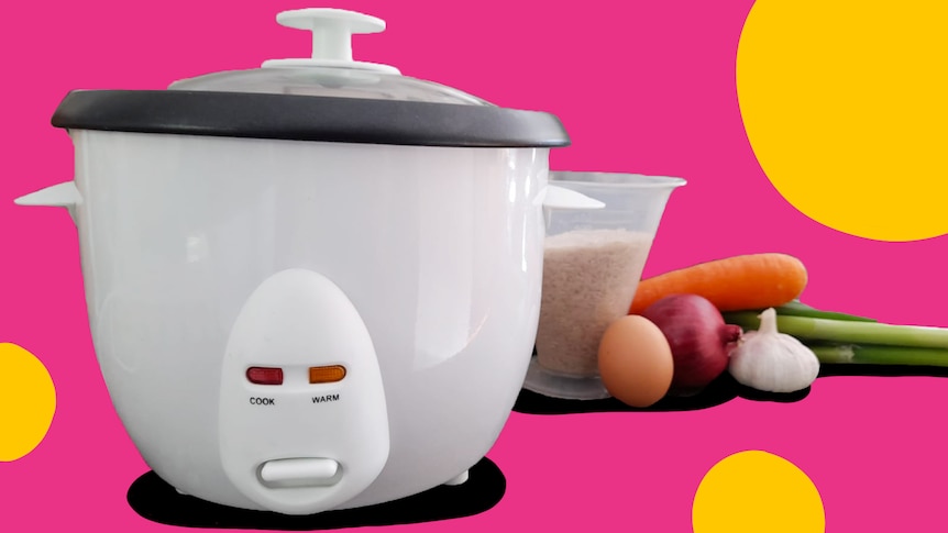 A basic white rice cooker, next to a measuring cup of rice and some veggies, on a pink background.