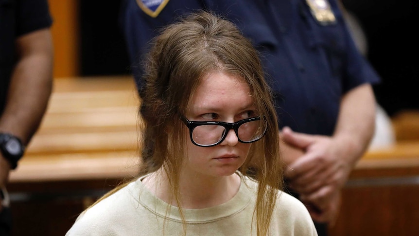 Wearing a plain jumper and glasses, Anna Sorokin appears in court.