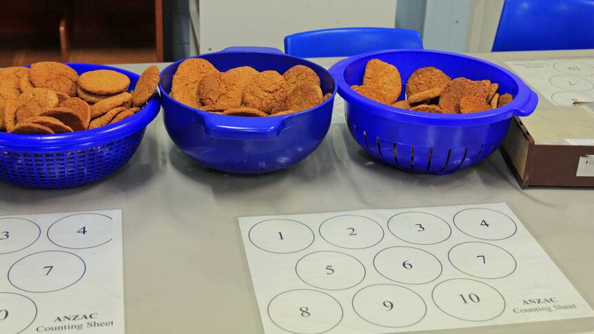 Blue bowls of Anzac biscuits next to sheets of paper with numbered circles on them