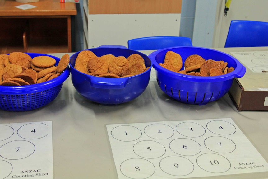 Blue bowls of Anzac biscuits next to sheets of paper with numbered circles on them