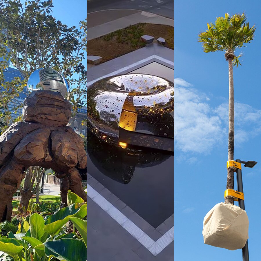 3 images of public art - a large rough-hewn woman, a giant ouroboros, and a palm strapped to a lightpost