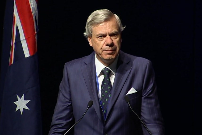 Michael Kroger standing at a lectern with the Australia flag on his left.