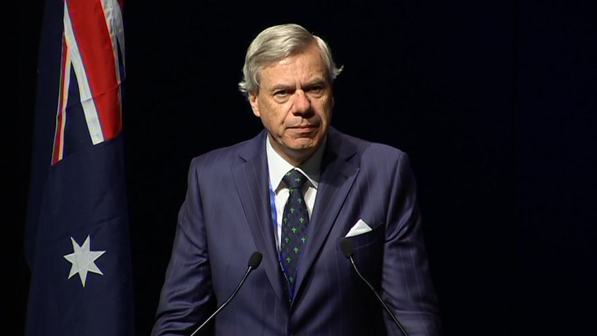 Michael Kroger standing at a lectern with the Australia flag on his left.