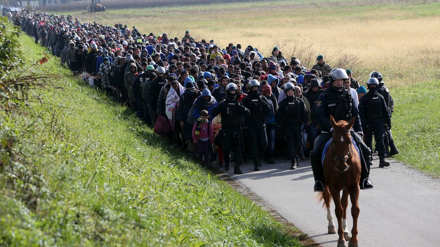 A mounted policeman leads a group of asylum seekers in Slovenia