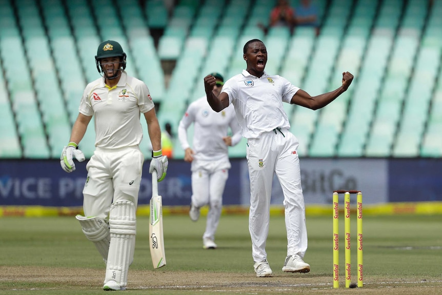 Kagiso Rabada celebrates Tim Paine's dismissal