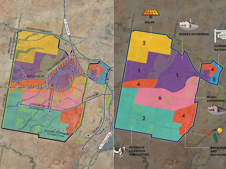 Illustrated map showing Parkes Special Activation Precinct location to inland rail corridor.