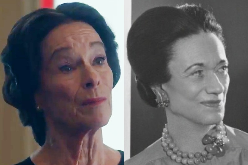 A composite image of a coloured photo of an actress with dark hair, and a black and white photo of Wallis Simpson.