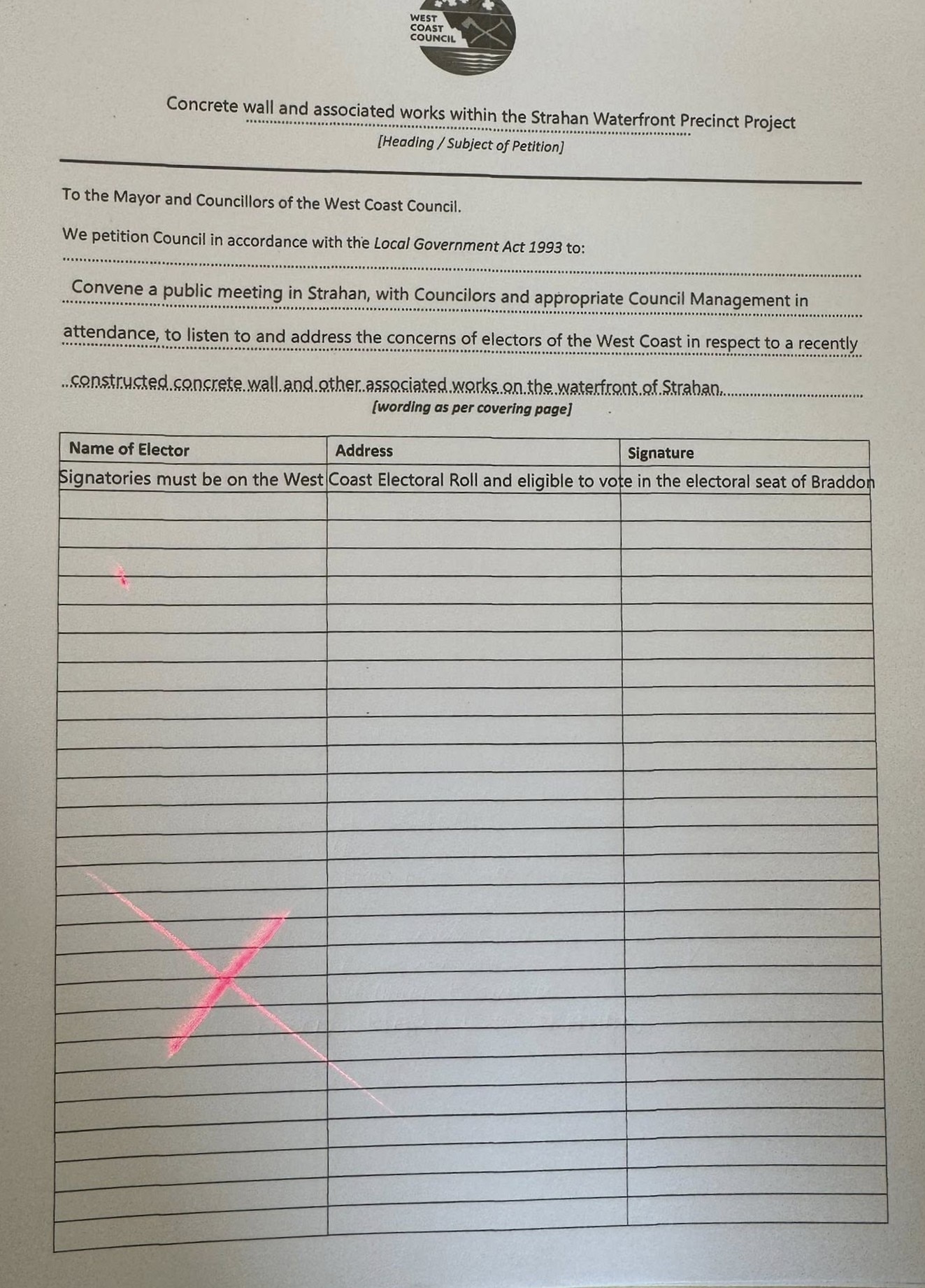 Uma petição impressa pedindo aos habitantes locais que a assinem.