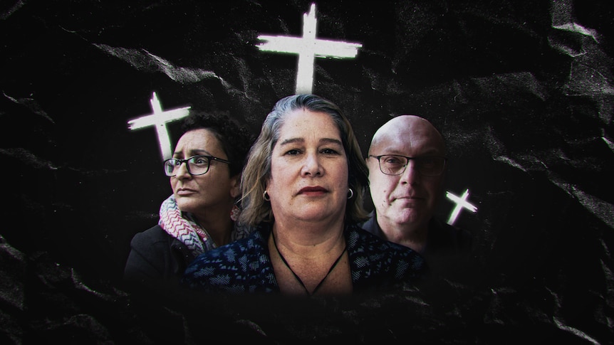 A composite of three faces on a black background with white crosses.