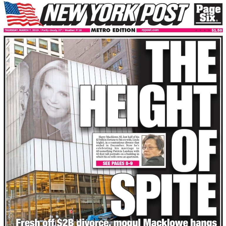 A newspaper front page which features a building with a woman's portrait on one side and the headline "the height of spite".