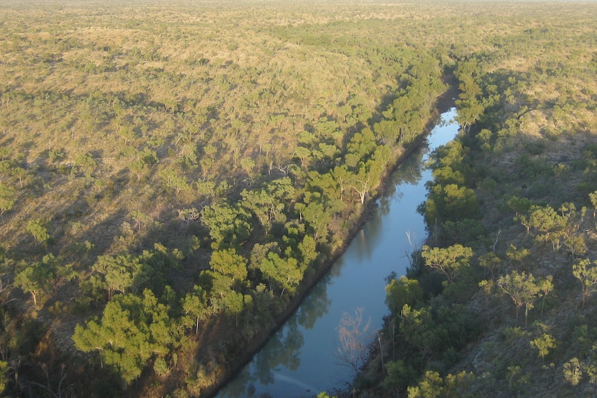 An aerial view of a large river snaking through bushland