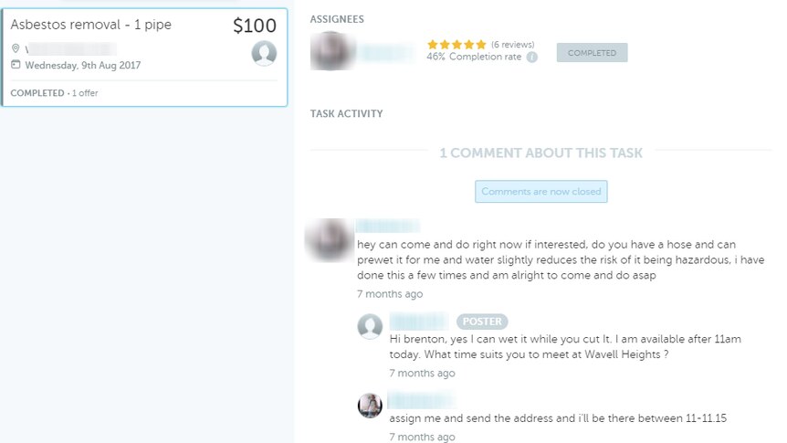 Screenshot from Airtasker of a worker who removes asbestos for cheap