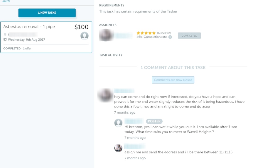 Screenshot from Airtasker of a worker who removes asbestos for cheap