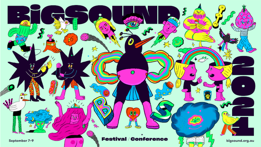 Illustration for BIGSOUND 2021 featuring colourful birds and rainbows