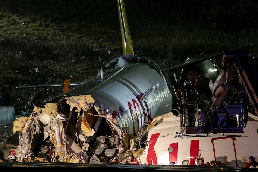 Plane wreckage at Istanbul's Sabiha Gokcen Airport