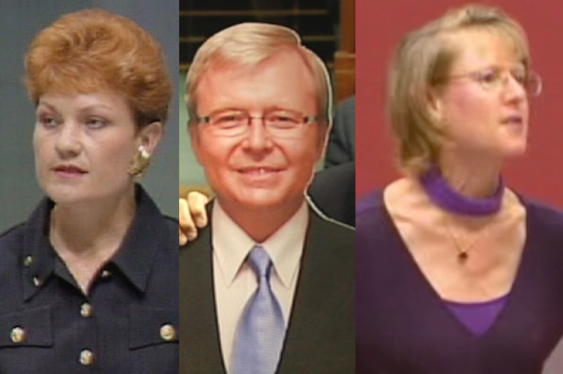 Composite of Pauline Hanson, a cardboard cutout of Kevin Rudd and Mary Jo Fisher