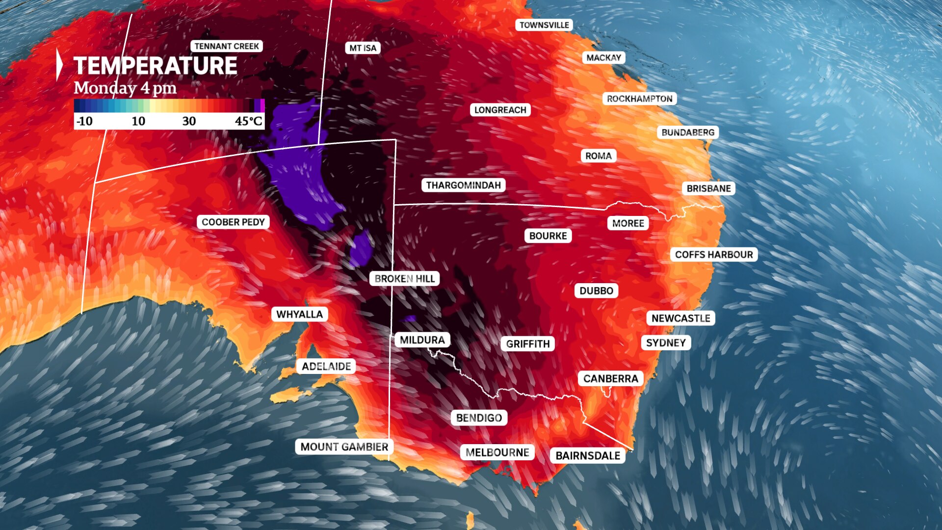 weather map of australia shows temperatures of forty degrees for southern Victoria, 45C plus maximums over the interior