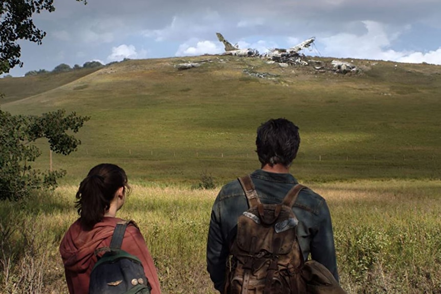 Two characters from HBO's The Last of Us look at the ruins of a plane in a field.
