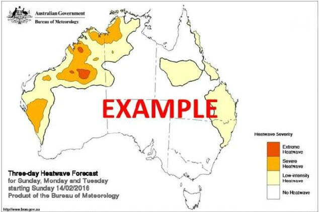 A map of Australia with red orange and yellow sections showing severity of heatwaves with the word 'example' overlaid