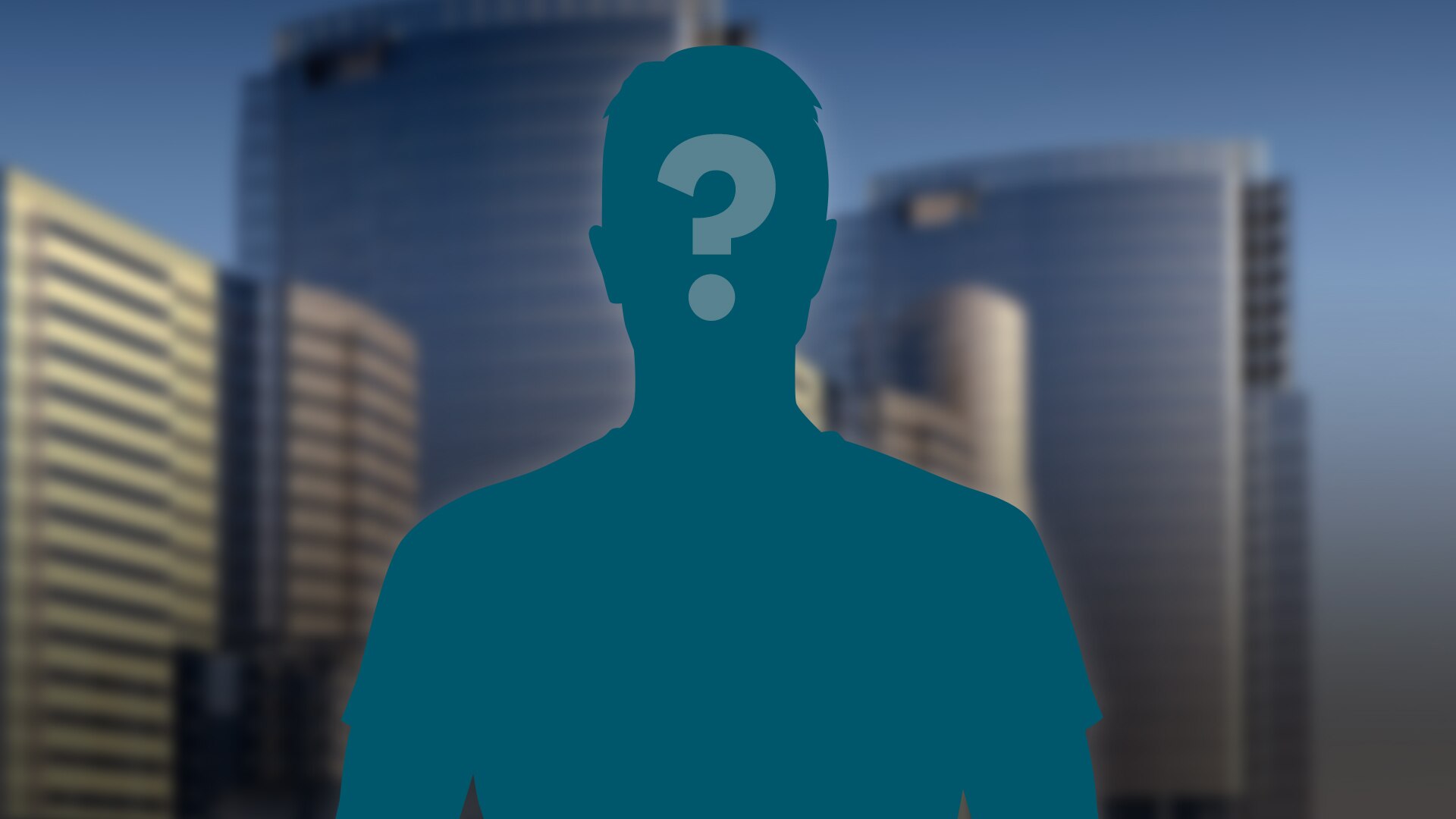 A question mark on the silhouette of a man with skyscrapers in the background.