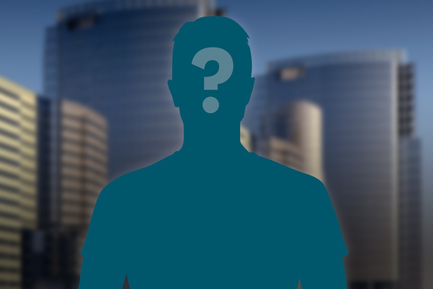 A question mark on the silhouette of a man with skyscrapers in the background.
