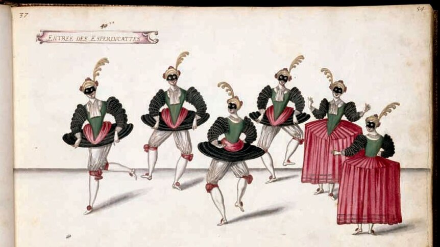 Engraving of 6 dancers wearing the fashion of 1626.