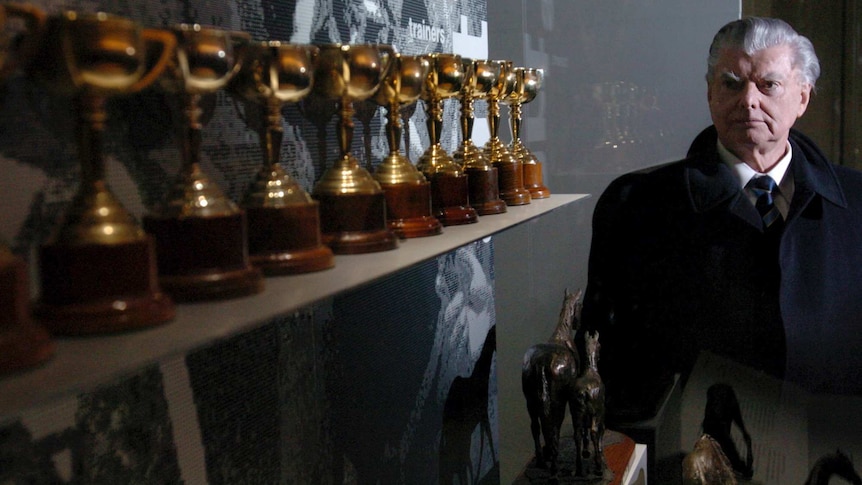 Bart Cummings with some of his Melbourne Cup trophies