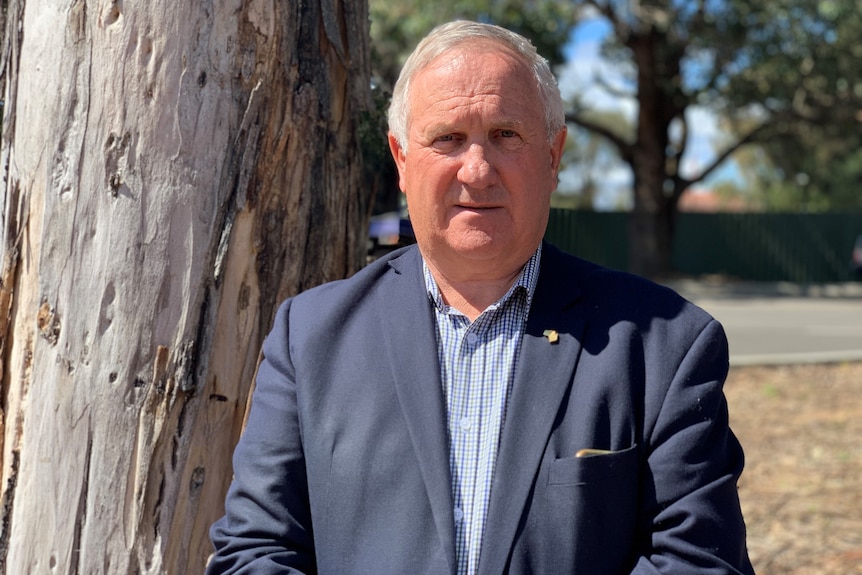 An elderly man in a suit standing in front of a tree